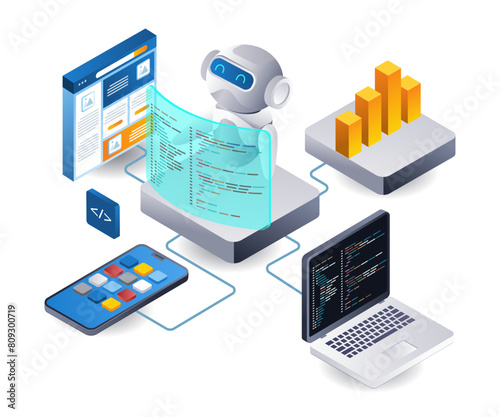Web developer robot technology application infographic 3d illustration flat isometric