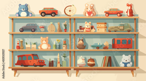 Shelves in nursery room with wooden toys and games