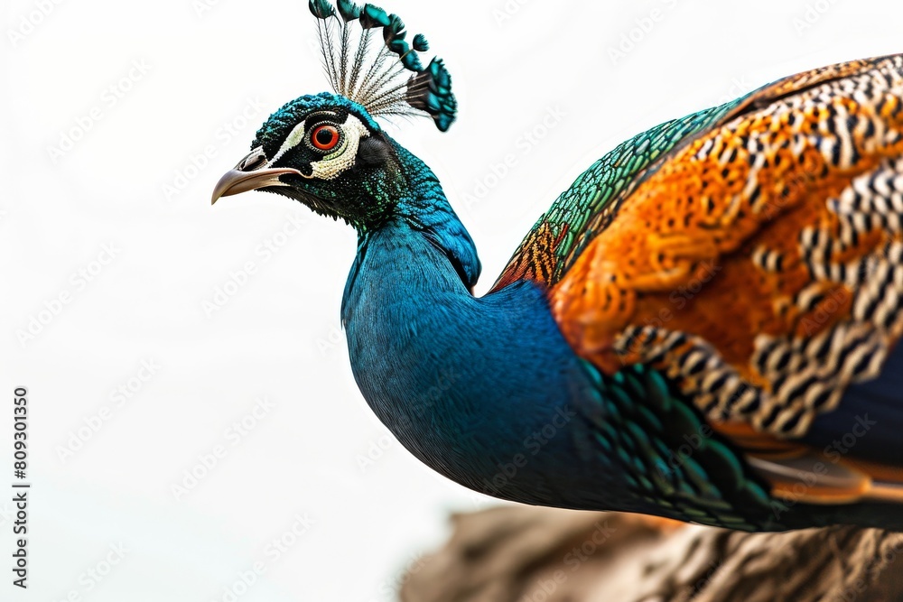 Obraz premium Mystic portrait of Indian Peafowl standing in small root in studio, 