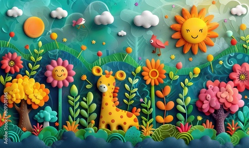 Create a colorful and whimsical illustration of a giraffe standing in a field of flowers