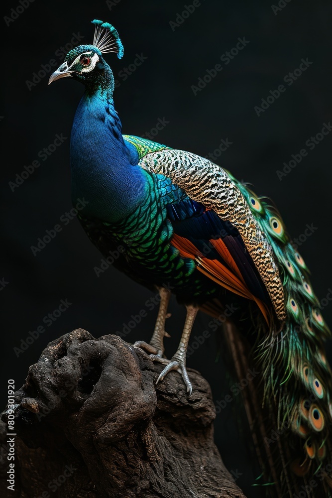 Obraz premium Vietnamese Peacock standing on small root in studio, 