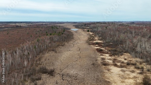 Famous Park near Ottawa called Mer Bleue Bog with swamps and muddy areas beautiful nature of Canada - travel photography by drone