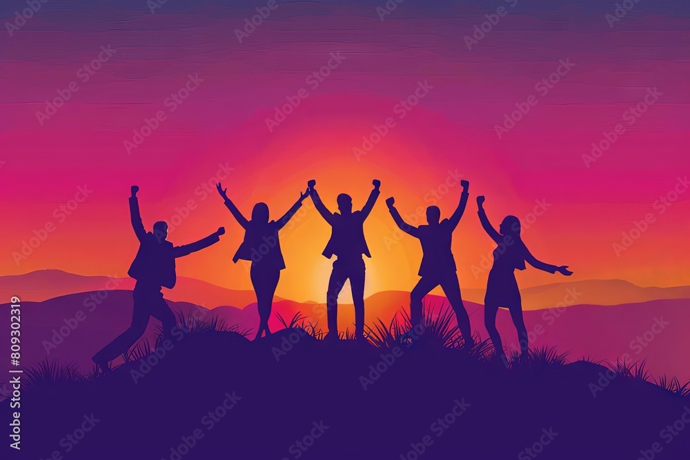 silhouette of business team celebrating success sunset background aigenerated illustration silhouette of business team celebrating success sunset background aigenerated illustration