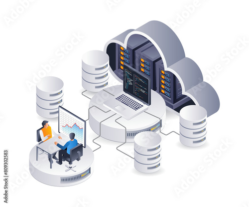Technology cloud server computer analysis management, flat isometric 3d illustration infographic