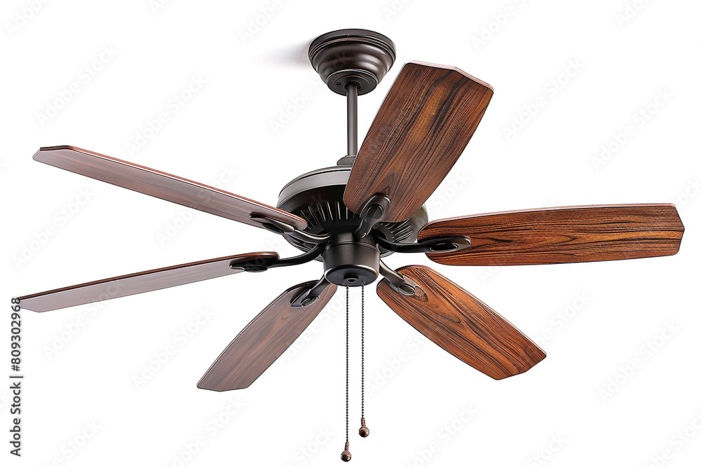 A classic wooden ceiling fan with five blades and a pull chain control isolated on a solid white background. A classic wooden ceiling fan with five blades and a pull chain control isolated on a solid white background.