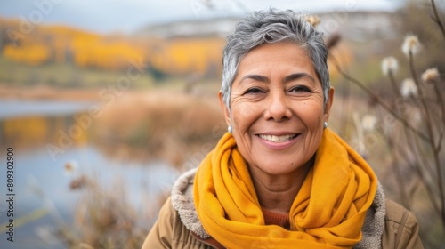 Portrait of a happy mature latino woman looking to a camera