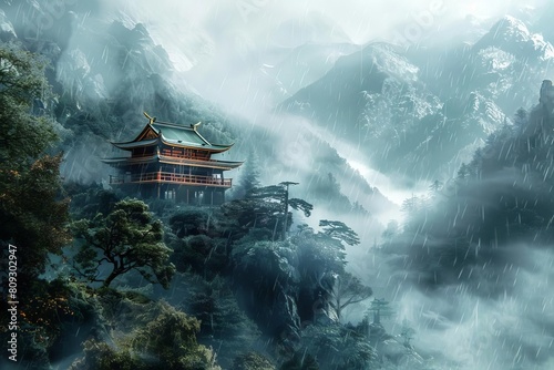 tranquil ancient japanese temple nestled in misty mountains fantasy digital painting