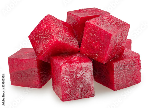 Raw red beetroot cubes isolated on white background. File contains clipping path. photo