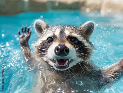 Excited raccoon swimming and playing in the pool, enjoying outdoor leisure and summer fun.