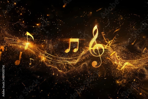 golden musical notes and gclef flying in black space abstract background photo