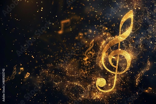 golden musical notes and gclef flying in black space abstract background photo