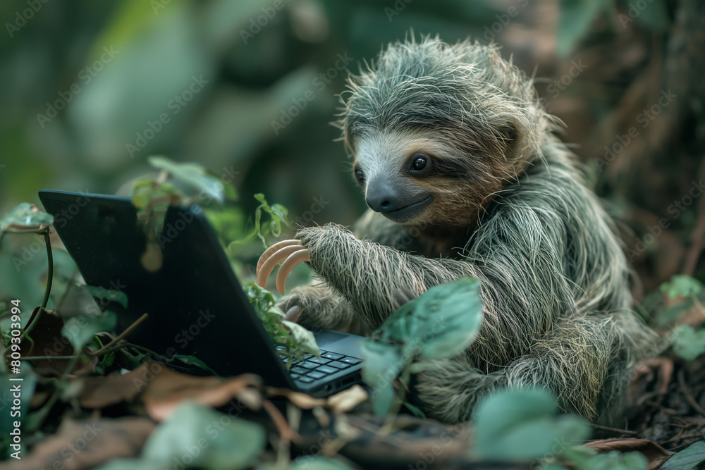 Naklejka premium An adorable old sloth sitting in a forest setting and watching something in a computer, a lovely and funny meme on social media.