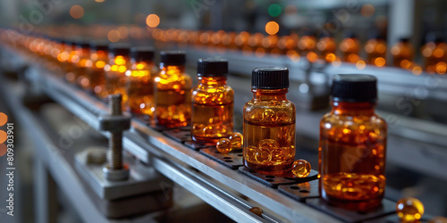 A banner of golden bottles of medicine pills on a conveyer belt  a manufacturing stetting.