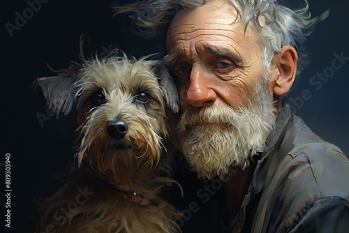 Poignant portrait of an old man and his faithful terrier dog sharing a moment of companionship