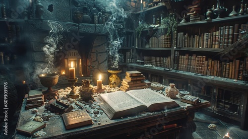 A warlock's den, captured in documentary photography style, filled with mystical artifacts and ancient books, ideal for a fantasy-themed magazine © Nawarit