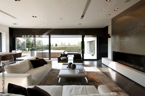 Luxurious Minimalist Living Room with Marble Accents and Panoramic City View