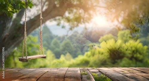Rustic Charm Old Wooden Terrace with Wicker Swing Hanging from a Tree Against a Blurry Nature Background	
 photo