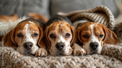 Beagles in a family setting, portrayed in magazine photography style, showcasing their sociable and loving characteristics, ideal for a family lifestyle magazine © Nawarit