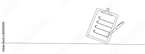 Simple clipboard line illustration with checklist and pen, pencil, to-do list, testing and reporting concepts. Continuous line illustration with editable strokes. Vector illustration.