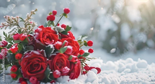 Winter Elegance Red Roses and Berries Bouquet Resting on Snowy Ground, Creating a Stunning Seasonal Scene	
 photo