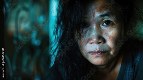 a candid portrait of a southeast asian woman with negative facial expression at home