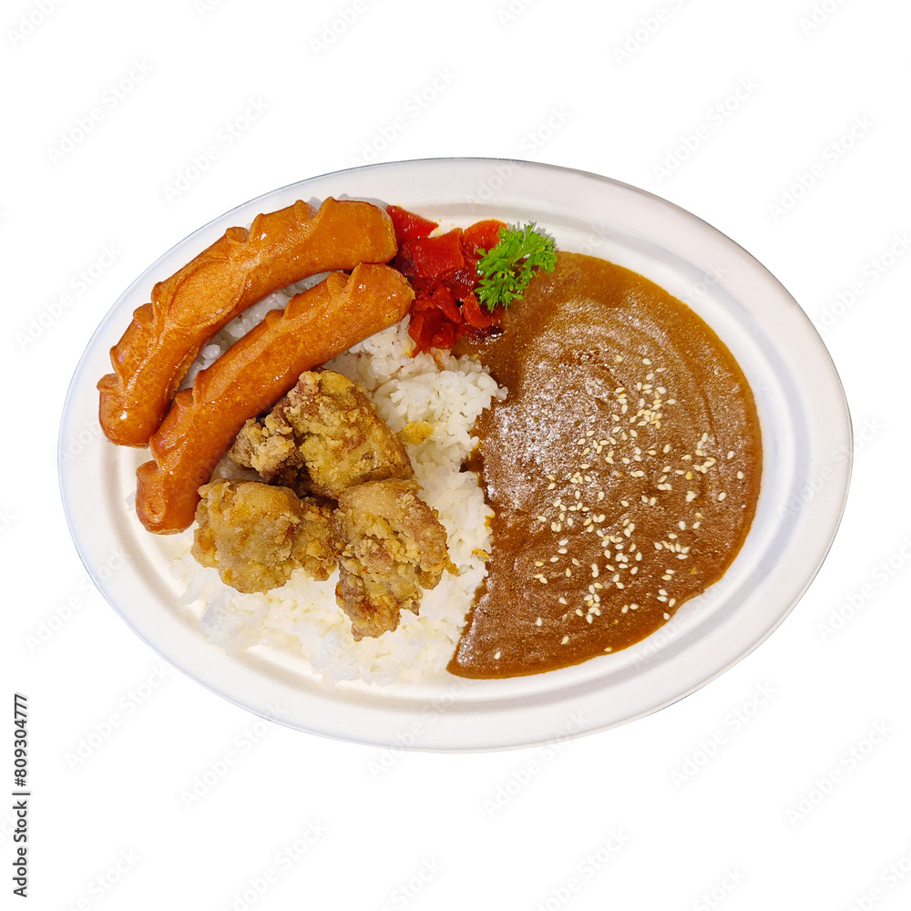 Curry Rice with Sausage Deep Fried Chicken or Katsu-kare , Japanese style food , isolated on white background. Top view. Curry Rice with Sausage Deep Fried Chicken or Katsu-kare , Japanese style food , isolated on white background. Top view.