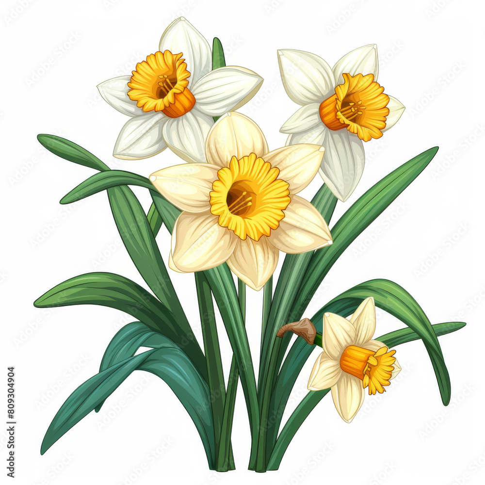 Illustration of fresh daffodils with bright yellow blossoms and green leaves, symbolizing the onset of spring. Illustration of fresh daffodils with bright yellow blossoms and green leaves, symbolizing the onset of spring.
