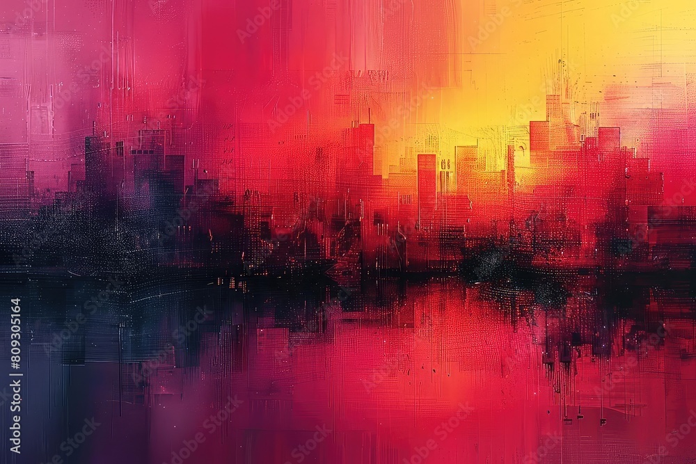 Obraz premium An abstract painting of a cityscape at sunset. The colors are vibrant and the brushstrokes are thick and expressive. The painting has a sense of energy and movement.