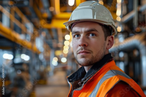 male factory worker portrait looking at camera industrial setting