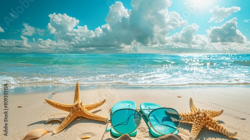 A vibrant background ideal for a summer beach holiday, featuring sunglasses, starfish, and turquoise flip-flops on a sandy tropical beach under a sunny sky with clouds photo