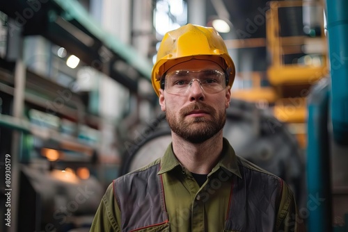 male factory worker portrait looking at camera industrial setting