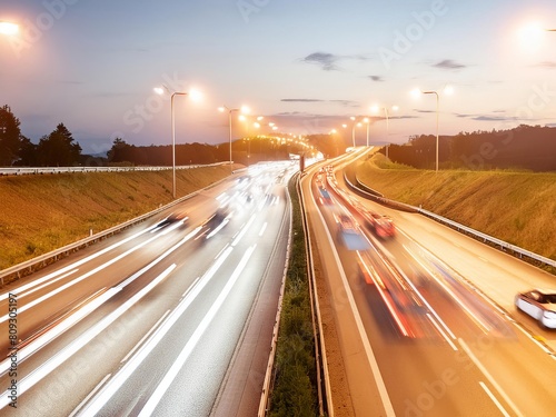 Highway with long exposure lights at night, cars driving fast on the highway in motion blur. 