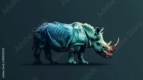 A digital painting of a rhinoceros in shades of blue and green