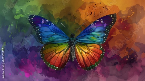 Vibrant butterfly with rainbow colors on abstract watercolor background