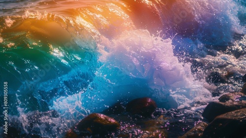 Vibrant rainbow-colored wave crashing on rocky shore at sunset