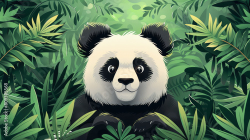 Illustrated image of a cute cartoon panda sitting contentedly among vibrant green jungle foliage.