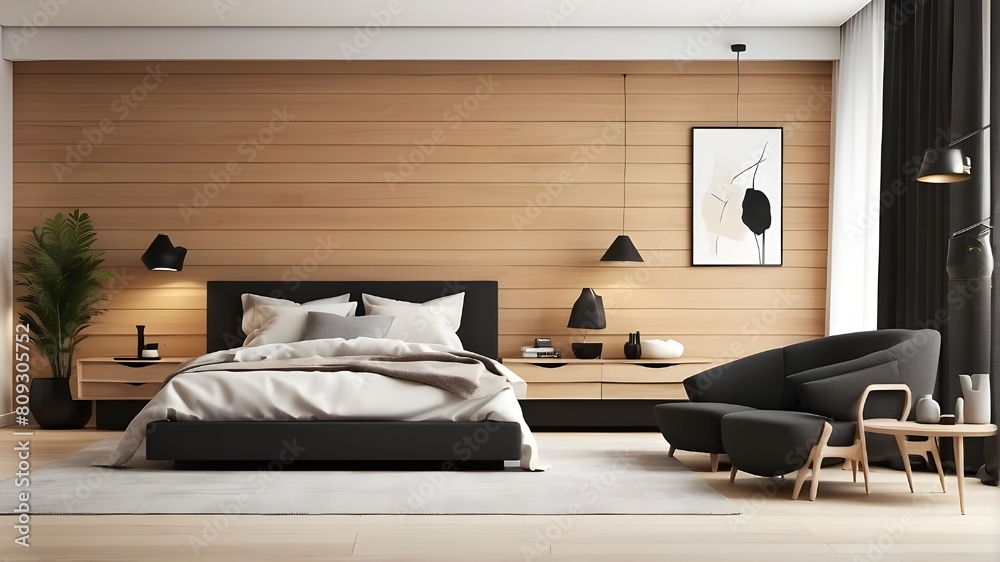 Modern living room interior with oak paneling on a white wall above a ...