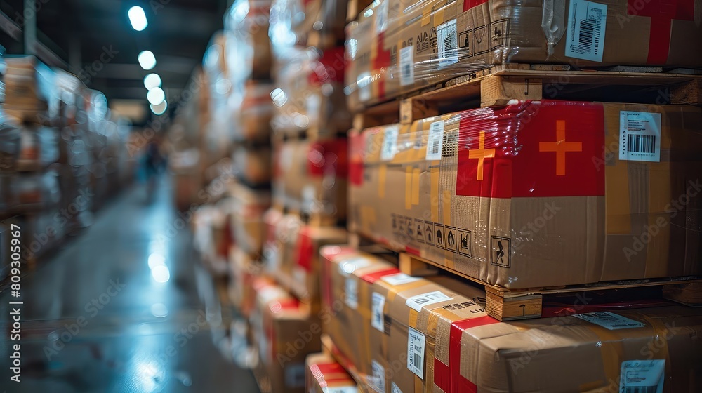 A large warehouse filled with neatly stacked boxes labeled with a red cross.