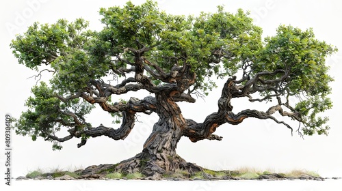 Photo of a large and old tree with gnarled branches and green leaves.