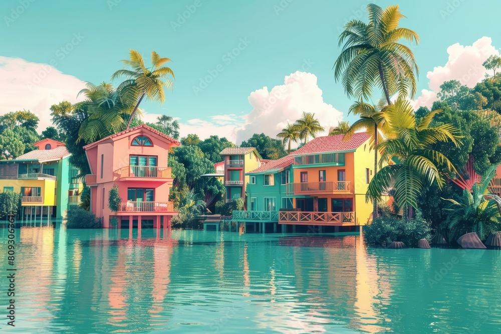 3D render pop art of a peaceful village, an oasis in a digital era, visualized in solid color, banner sharpen with copy space 3D render pop art of a peaceful village, an oasis in a digital era, visualized in solid color, banner sharpen with copy space