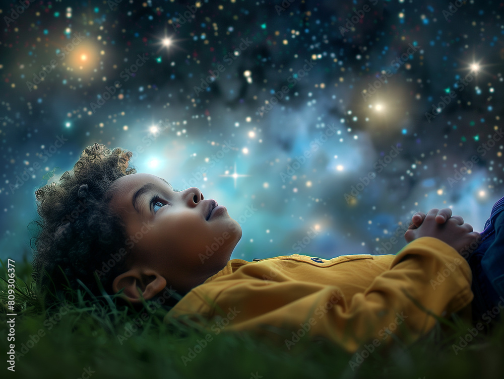 A kid lying on the grass looking up at the night sky wondering about the universe. A kid lying on the grass looking up at the night sky wondering about the universe.