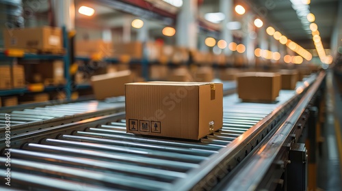 A box travels along a conveyor belt in a modern warehouse.