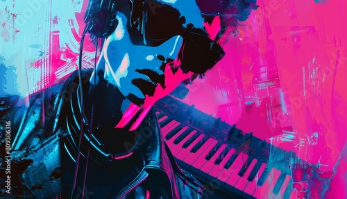 3D Futuristic illustration Pop art color of a musician, blending old genres in a new world, in cyberpunk color, synth wave photo