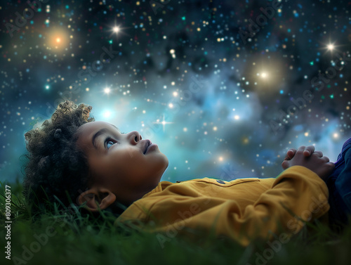 A kid lying on the grass looking up at the night sky wondering about the universe.