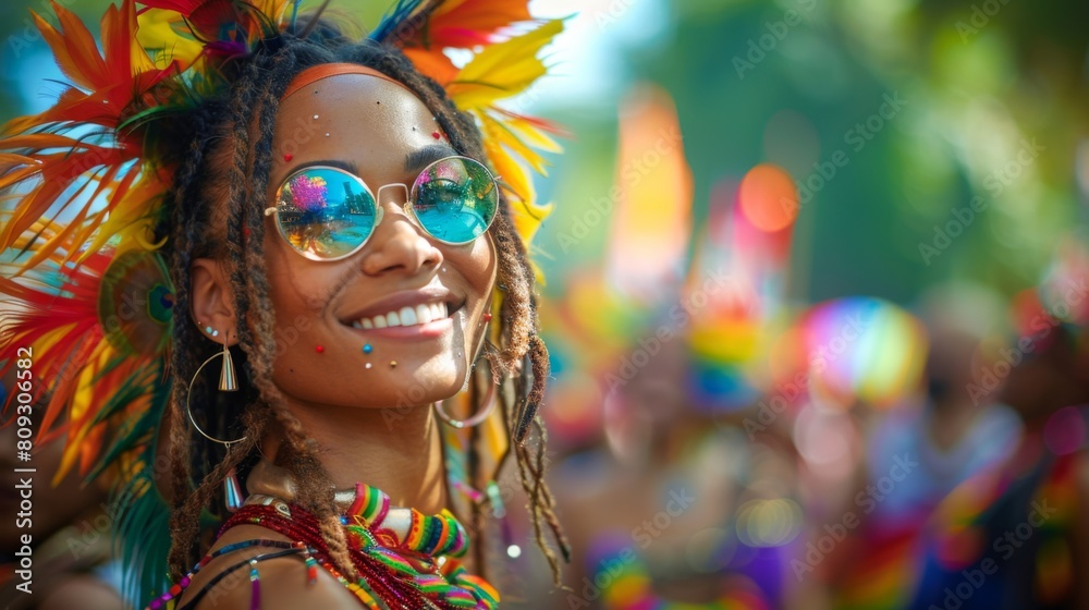 Vibrant young woman enjoying a colorful pride parade in summer Vibrant young woman enjoying a colorful pride parade in summer