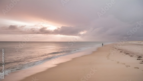 deserted beach at sunset on a cloudy day, a person walks along the beach, leaving a trail of footprints in the sand.