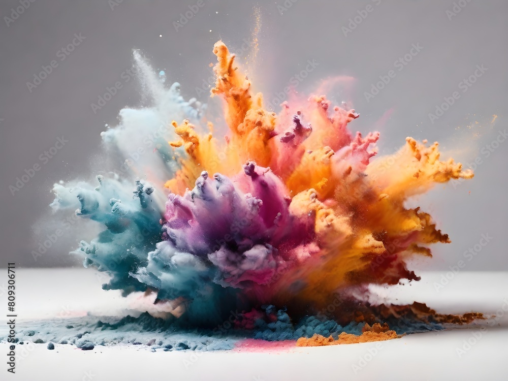 Fototapeta premium close-up of an explosion of colored powder just moments after ignition. The powder forms a dense cloud with a rainbow spectrum of colors, blending and swirling together.