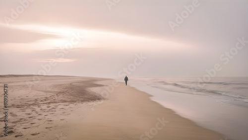 deserted beach at sunset on a cloudy day, a person walks along the beach, leaving a trail of footprints in the sand.