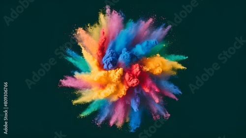 close-up of an explosion of colored powder just moments after ignition. The powder forms a dense cloud with a rainbow spectrum of colors, blending and swirling together.