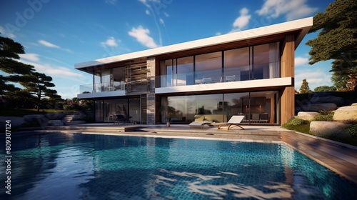 Modern house with swimming pool and beach at sunset. © KRIS